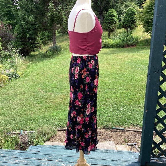 90s y2k Fairycore Gauze Lined Flowy Rose Print black background midi maxiskirt S - Picture 5 of 12